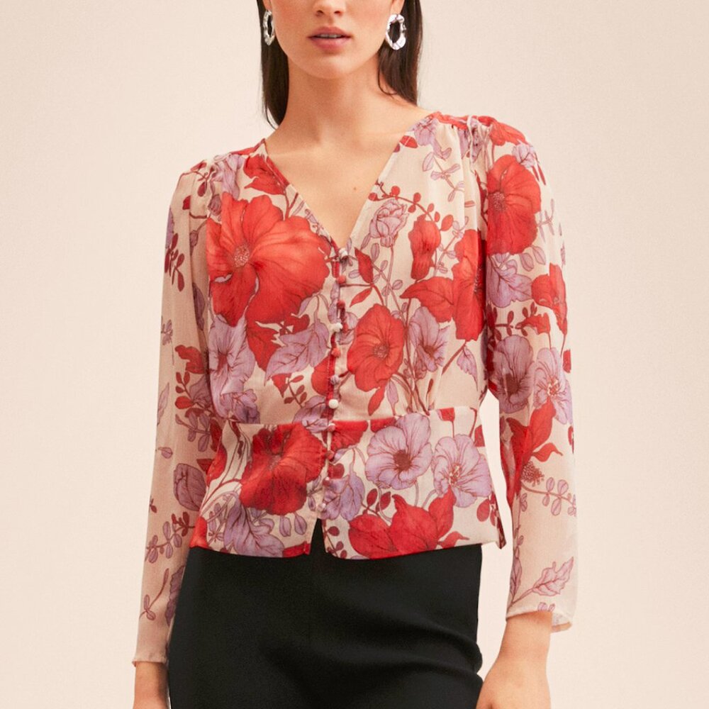 Mango Pink Floral Print Buttoned V-Neck Blouse
